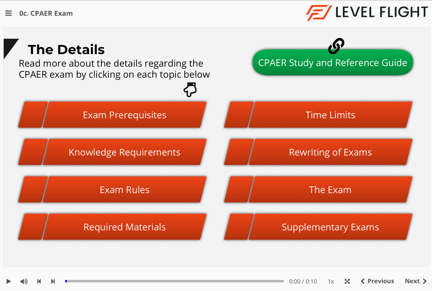 Level Flight CPAER Study and Reference Guide with various topics listed on a white background