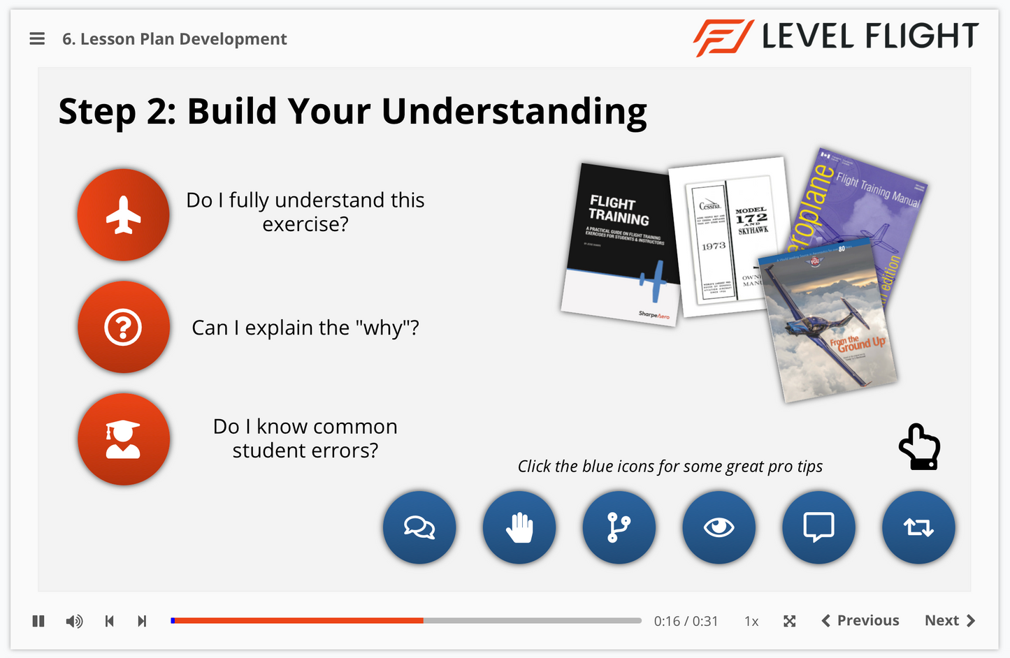 Level Flight lesson plan development screen with educational materials and interactive elements.