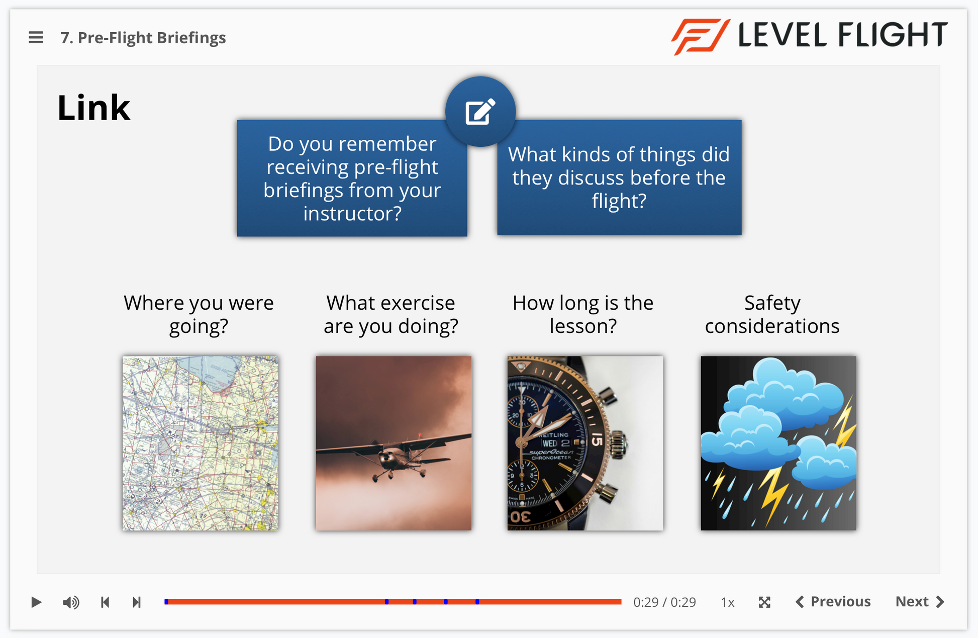 Level Flight pre-flight briefings interface with questions and images.