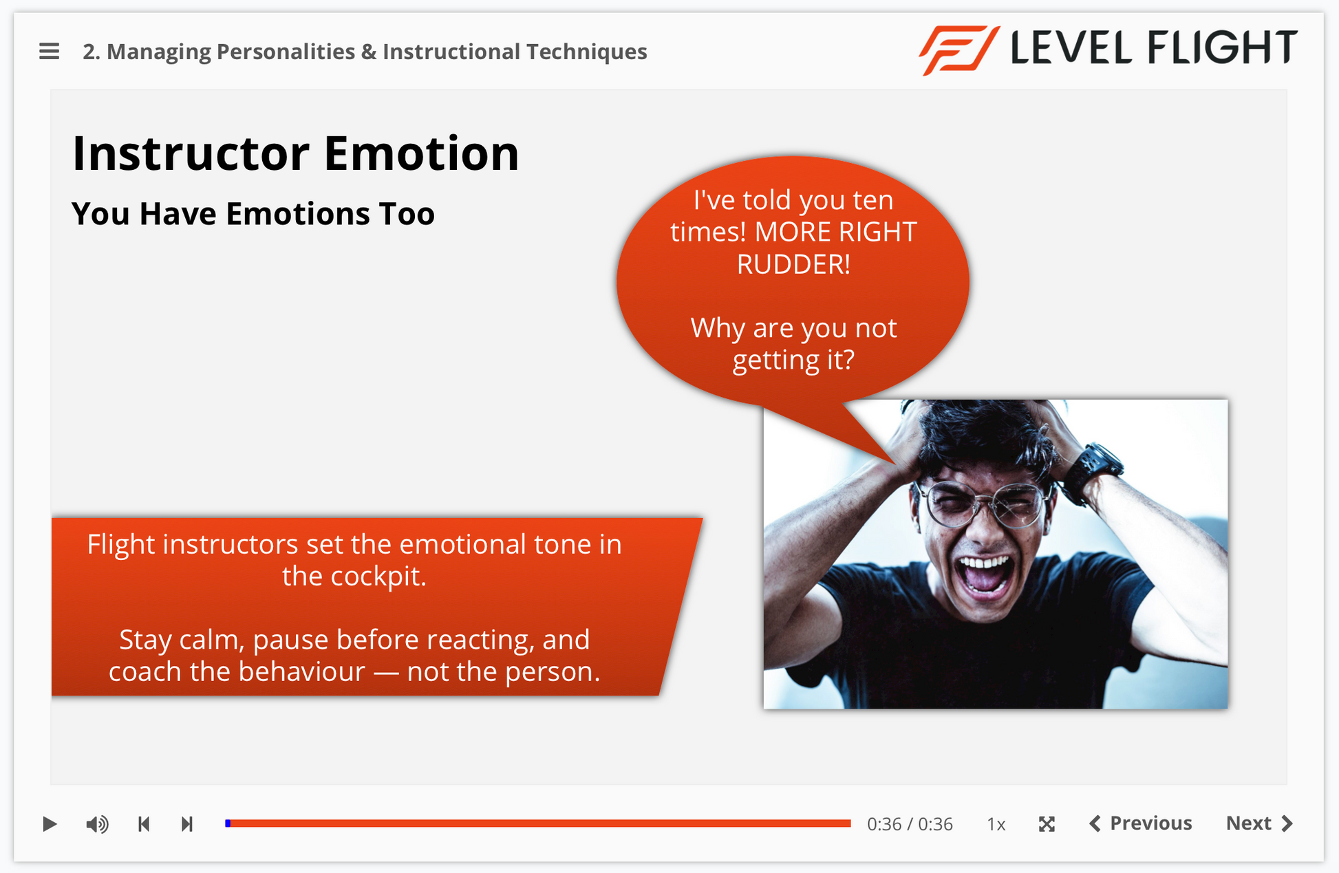 Educational slide from Level Flight about managing personalities and instructional techniques, featuring an instructor with a stressed expression.