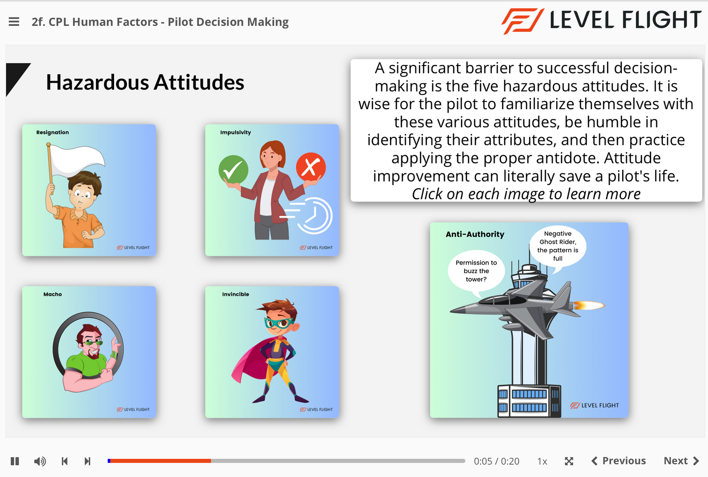 Educational slide about hazardous attitudes in pilot decision-making with cartoon illustrations and text.