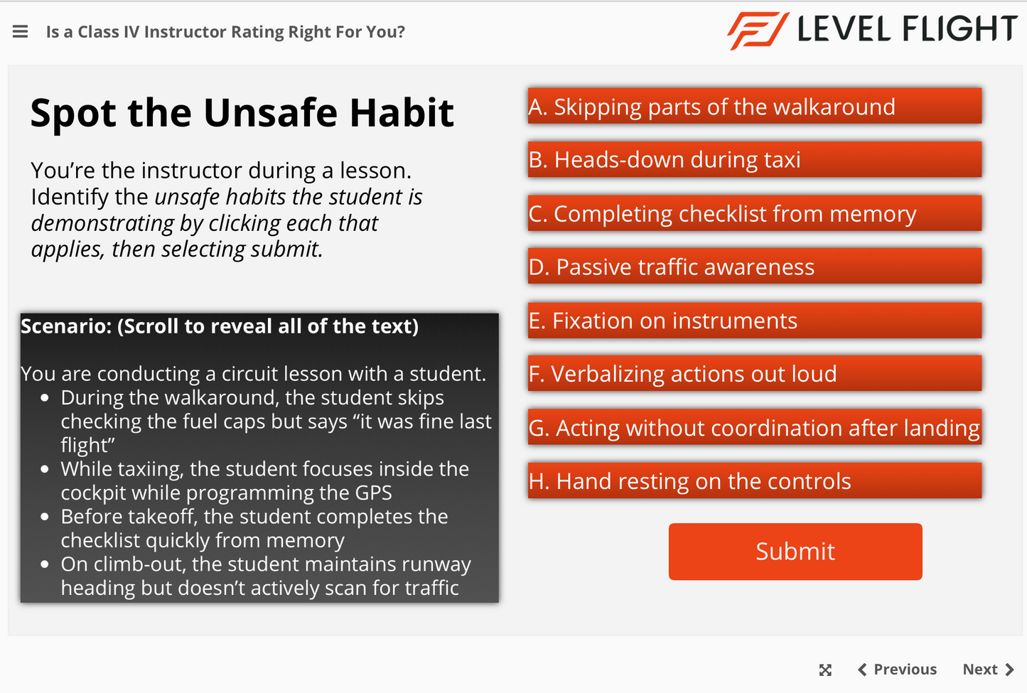 Educational interface for spotting unsafe habits during a flight lesson, with multiple choice questions and a submit button.