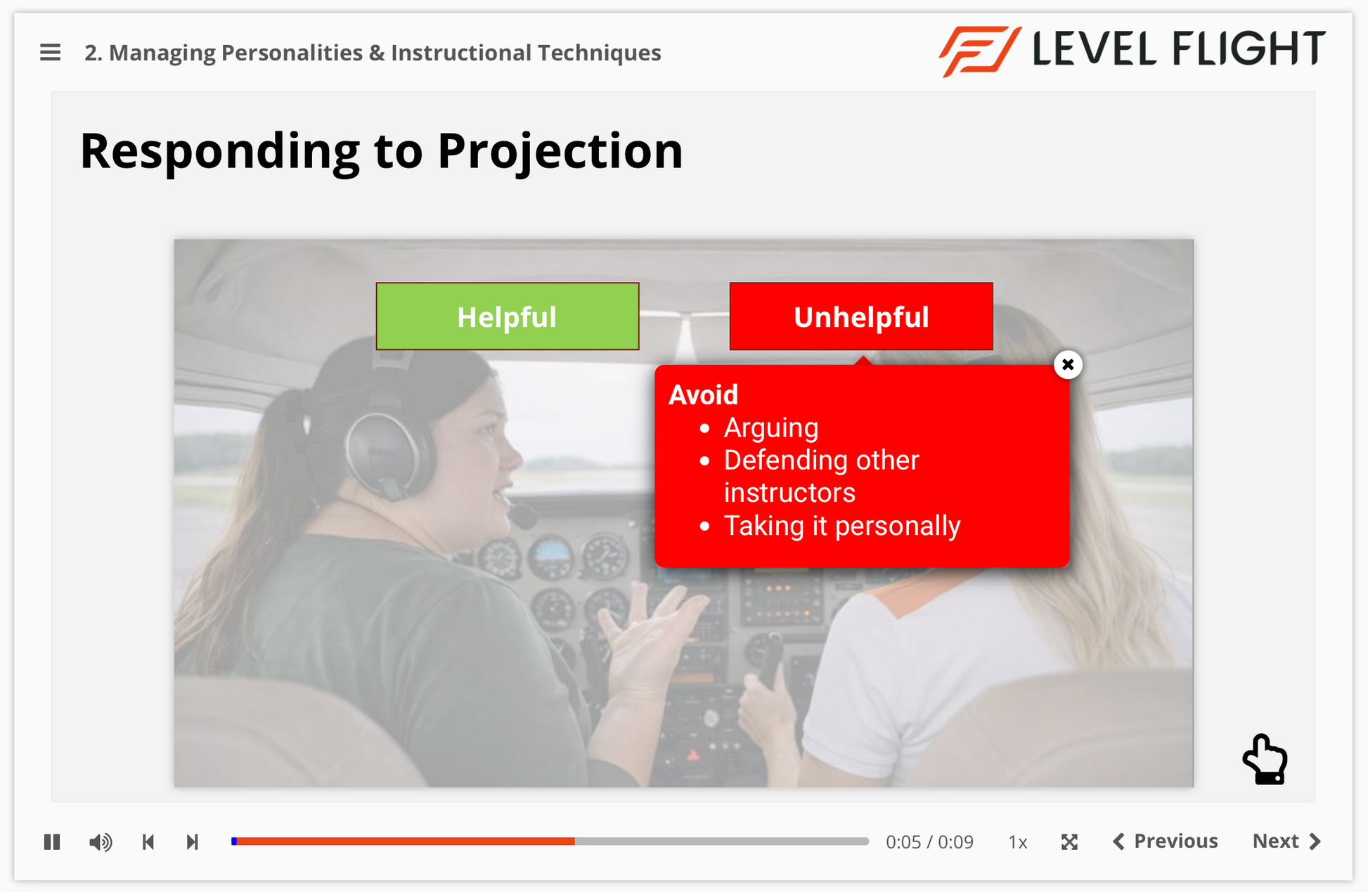 Training slide titled 'Responding to Projection' from Level Flight with two people in a cockpit.