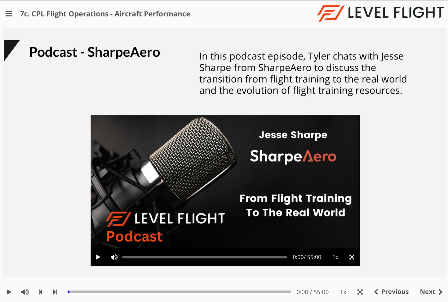 Level Flight Podcast episode screen with microphone graphic and text about flight training and resources.