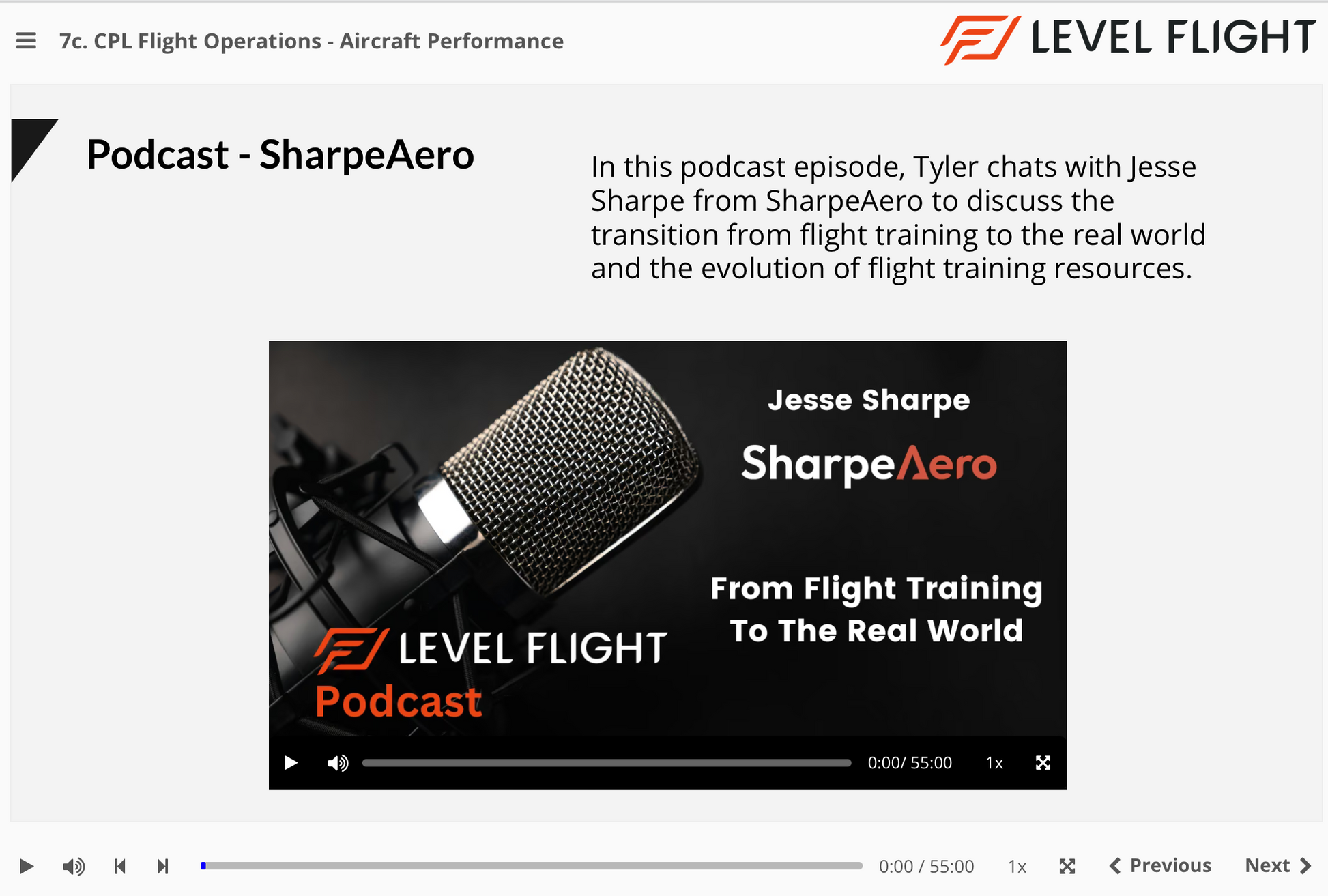 Level Flight Podcast episode screen with microphone graphic and text about flight training and resources.