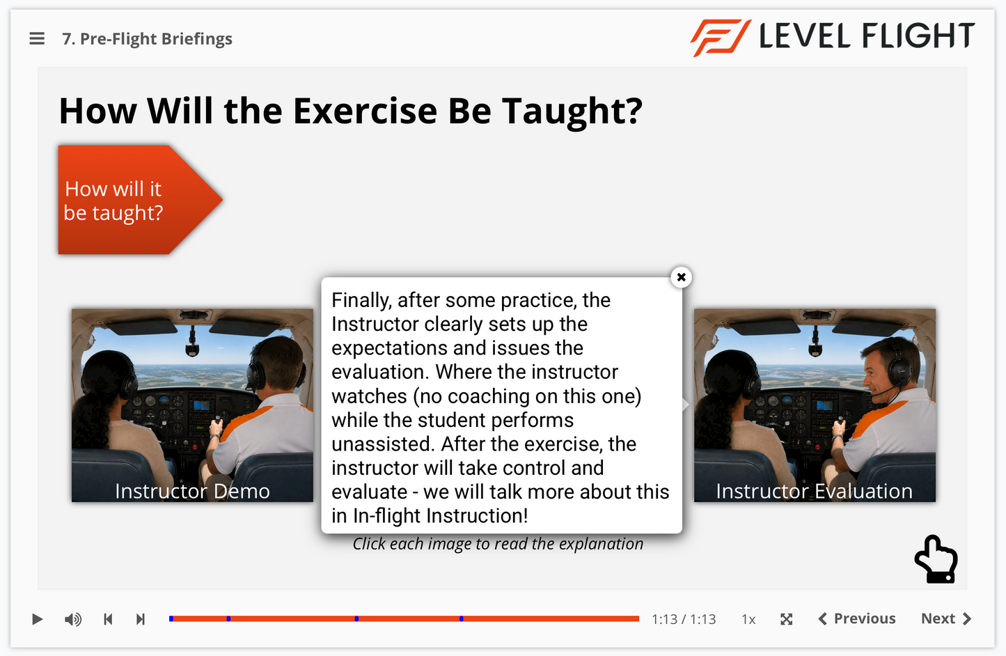 Screen capture of a Level Flight training module on how to teach an exercise, with instructor and student in cockpit images.