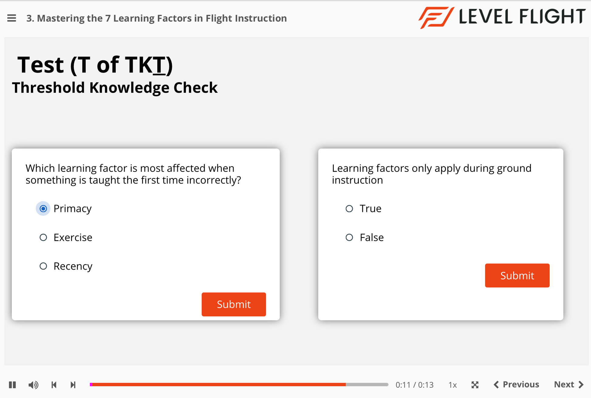 Level Flight educational quiz interface with multiple-choice questions on learning factors.